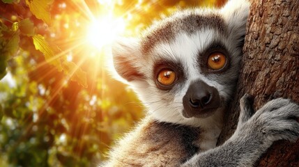 Fototapeta premium Lemur observing from the trunk of a tree and watching the sun