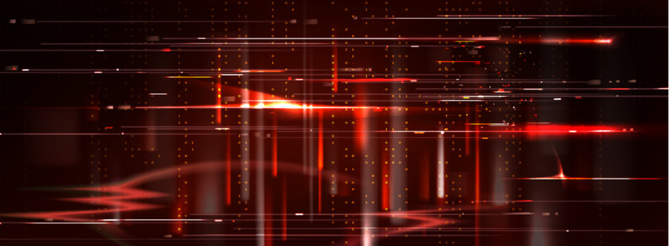 Glitch effect with red pixel distortion and code, digital abstract vector background. Cyber punk screen interference with hack attack pattern and grain noise scratch texture, error display