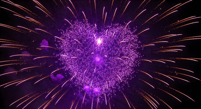 Vibrant purple heart shaped fireworks exploding in night sky with colorful sparks and glowing effects