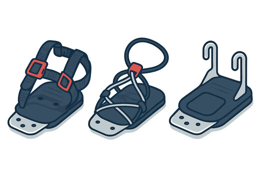Various designs of splitboard touring mode sandals and minimalist bindings for winter sports