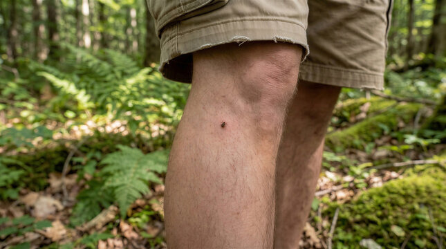 Tick on human leg in a forest with green foliage background  