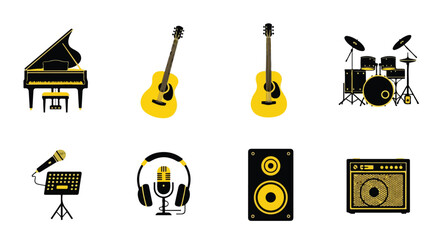Set of 8 music icons vector, black and yellow © Bismillah.com