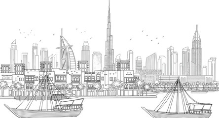 Naklejka premium Dubai city skyline with traditional dhow boats old creek buildings and modern Burj Khalifa skyscraper linear vector illustration.
