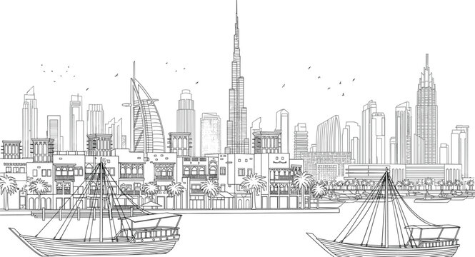 Dubai city skyline with traditional dhow boats old creek buildings and modern Burj Khalifa skyscraper linear vector illustration.