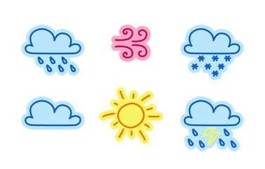 Obraz premium Forecast weather symbols hand drawn line sticker pack. Rain and snow clouds. Sunny windy. Digital planning clip arts in doodle style. Colorful planner icons labels. Bullet journal die cut elements kit
