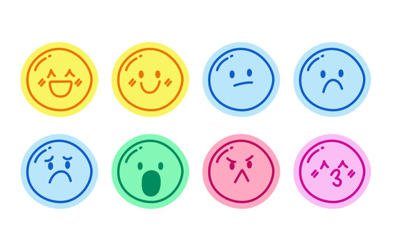 Cute emotions emojis hand drawn line sticker pack. Kawaii mood. Reactions expressions. Digital planning clip arts in doodle style. Colorful planner icons labels. Bullet journal die cut elements kit