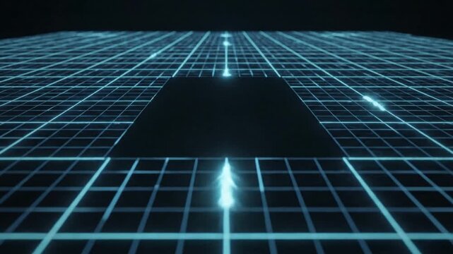 Futuristic grid pattern with glowing blue lines and a dark square in the center, set against a black background with a sense of depth and perspective.