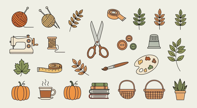 Crafting and autumn elements sewing knitting painting and seasonal illustrations