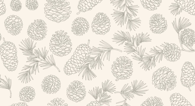 Elegant botanical illustration of pine cones and branches in a seamless pattern