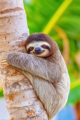 Fototapeta premium Sloth clinging to tree trunk with a charming gaze
