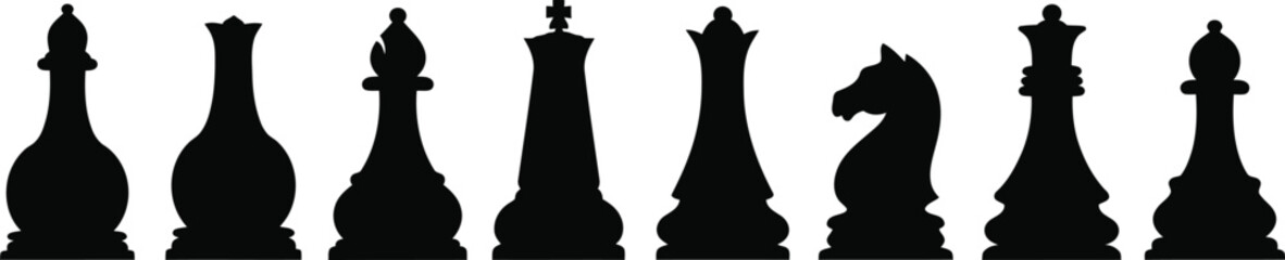 Chess pieces silhouette knight standing out among kings queens bishops and rooks © Purple 4