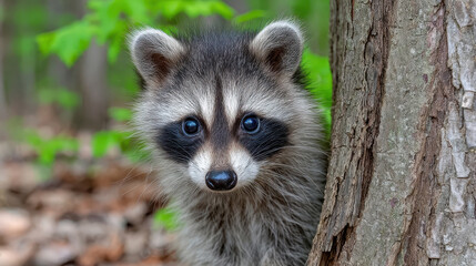 Obraz premium Adorable raccoon peeking from behind a tree trunk
