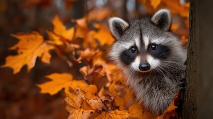 Obraz premium Cute raccoon peeking from behind autumn leaves