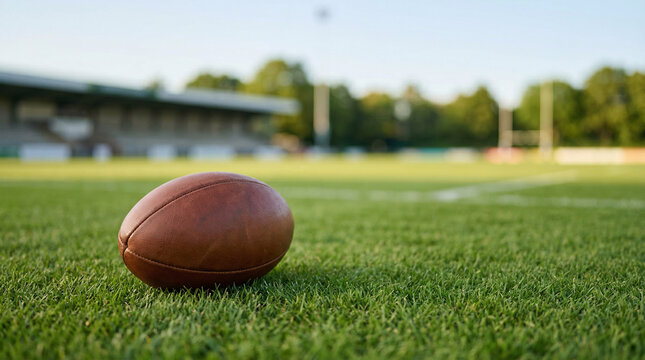 Ballon de rugby sur terrain vert