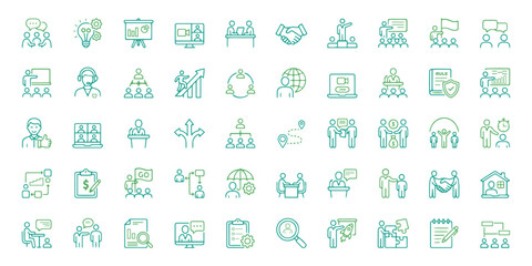 Obraz premium Human interaction icon set. Meeting icon set. Meeting in line style set. Editable web icons for conference, business meating, discussion, planning, event, teamwork, seminar etc. Vector illustration. 
