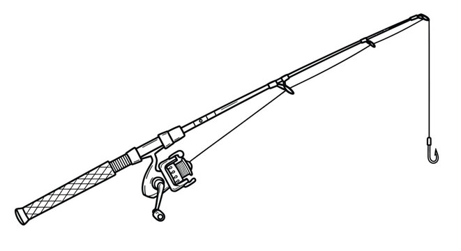 A detailed black and white illustration of a fishing rod and reel