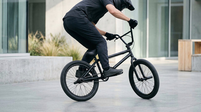 Rider effectuant une figure en BMX dans un espace urbain