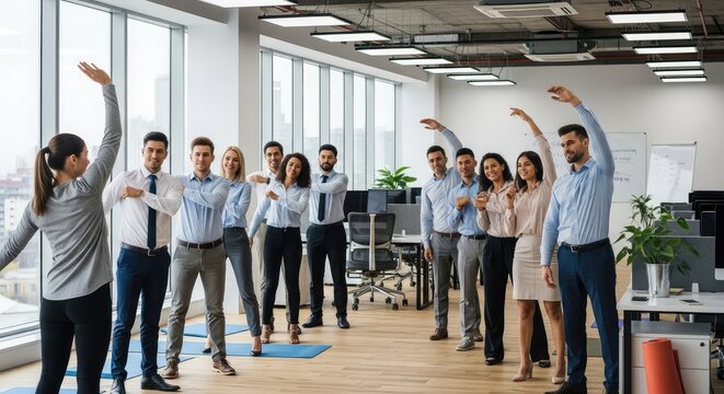 Diverse Team of Business Professionals Practicing Stretching Exercises in a Modern Office for Corporate Wellness