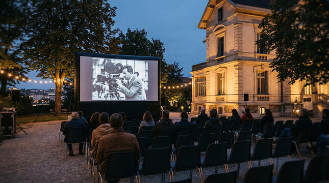 Projection de film en plein air devant un b&acirc;timent historique