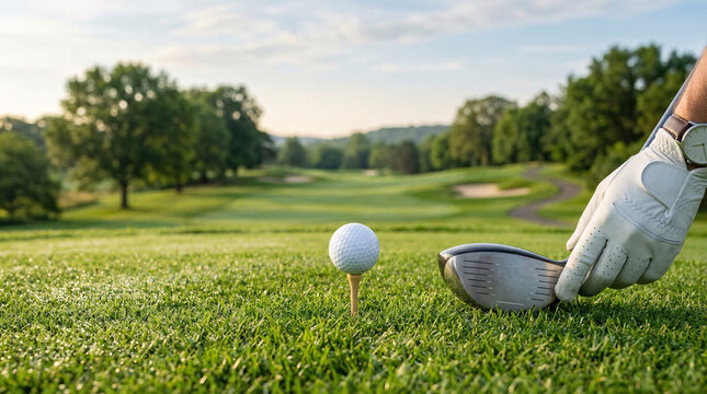 Balle de golf pos&eacute;e sur un tee sur un terrain verdoyant