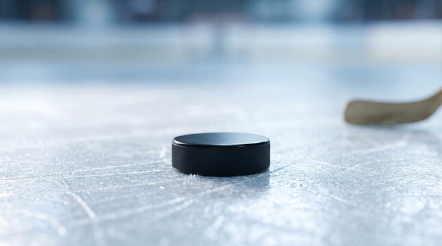Palet de hockey pos&eacute; sur une surface glac&eacute;e