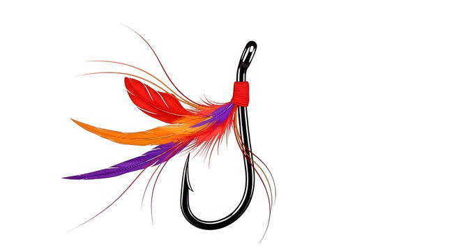 Colorful feathered fishing lure with hook.