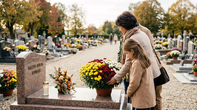 Famille d&eacute;posant des fleurs sur une tombe au cimeti&egrave;re