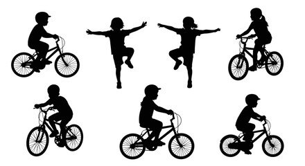 Obraz premium Children Silhouettes Riding Bicycles and Dancing