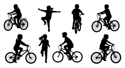 Obraz premium Children Silhouettes Riding Bicycles and Jumping, Outdoor Activities, Summer Fun