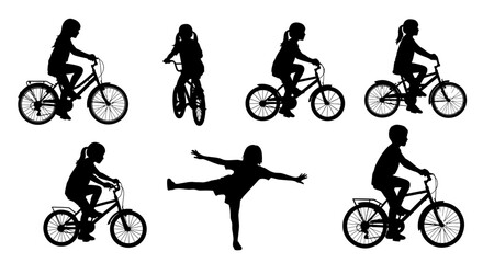 Obraz premium Children Silhouettes Riding Bicycles and Doing Yoga Poses