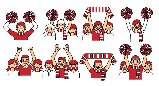 A group of cheerful fans celebrating with pom poms and scarves
