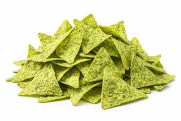 Fototapeta premium Pile of bright green triangular tortilla chips with background corn snack