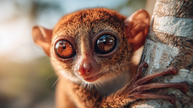 Adorable tarsier primate with big eyes perched on tree trunk
