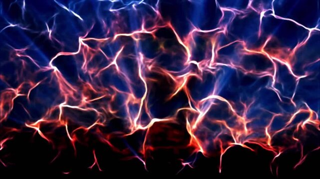 Cinematic abstract animation of glowing red and blue caustic light patterns shimmering like reflections on water against a black background.