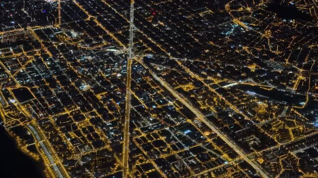 Barcelona aerial wide shot night skyline grid city urban planning from plane drone
