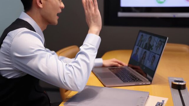 Portrait confident man happy smiling have worldwide communication using modern tech. Businesspeople, staff members, video call participants displayed on computer laptop monitor