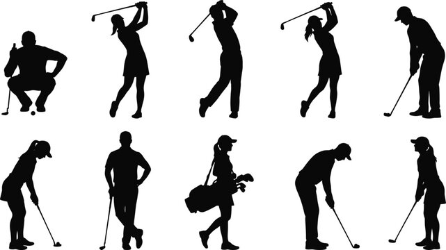 Set of Golf Player Silhouettes featuring Male and Female Golfers in Various Poses like Swinging, Putting, and Carrying Bags for Sports Design