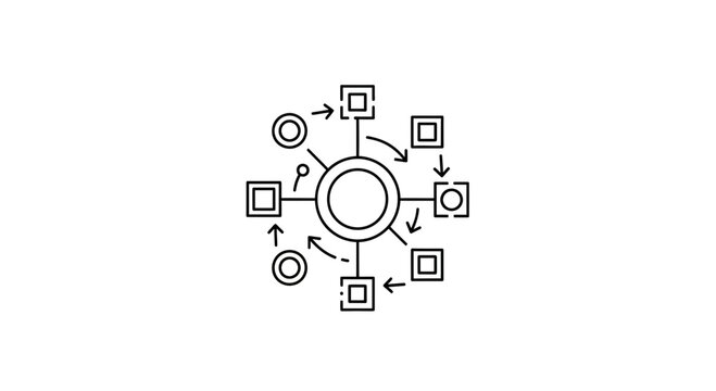 Abstract Network Diagram with Circular and Square Nodes, Flowchart, Connection, and Data Flow
