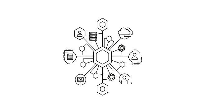 Abstract network diagram with connected icons representing data, cloud, people, and technology.