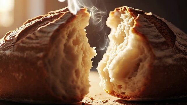 Fresh bread breaking open in warm sunlight