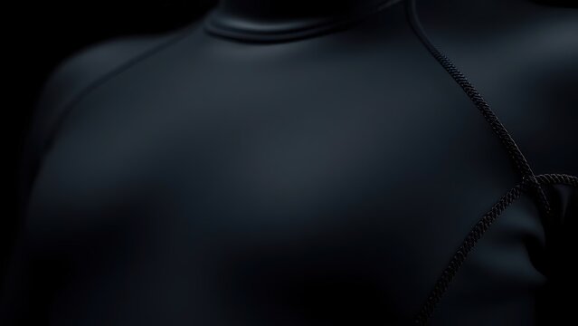 neoprene. Close-up detail of a black wetsuit showing smooth rubber texture and stitching. STEM education sheets, lab safety posters, designed for biotech research communications.