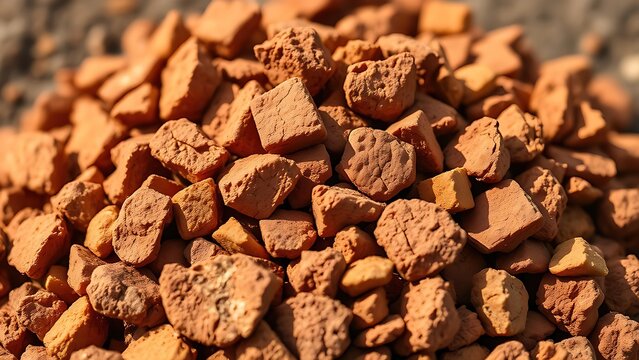bauxite. Pile of rough ochre bauxite ore samples in red and yellow, close-up with shallow focus. safety posters, maintenance manuals, designed for industrial assembly lines and welding operations.