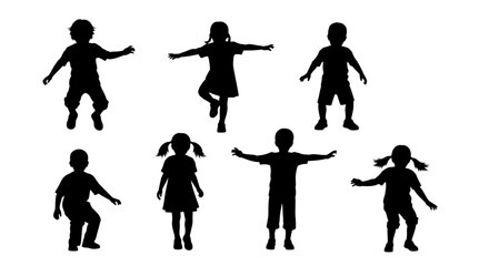 Fototapeta premium Diverse Children Silhouettes Dancing, Jumping, Playing - Group of Active Kids Poses