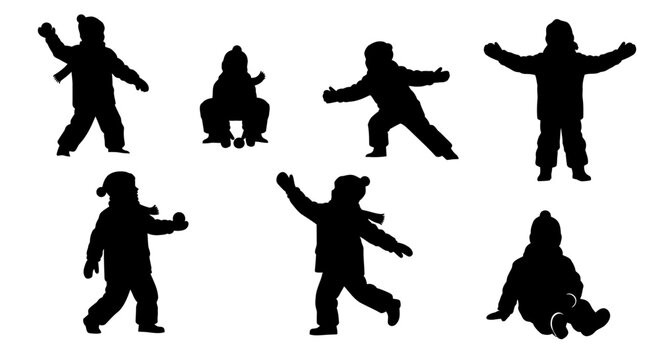 Children's winter silhouettes: playing, throwing snowballs, sitting, standing, active outdoor fun