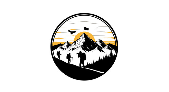 Mountain climbers and photographer reaching summit logo design in a circular frame