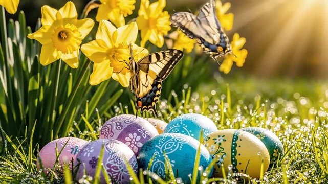 Beautiful Easter eggs nestled in lush green grass, bathed in warm sunlight, with vibrant yellow daffodils and fluttering butterflies creating a charming spring scene