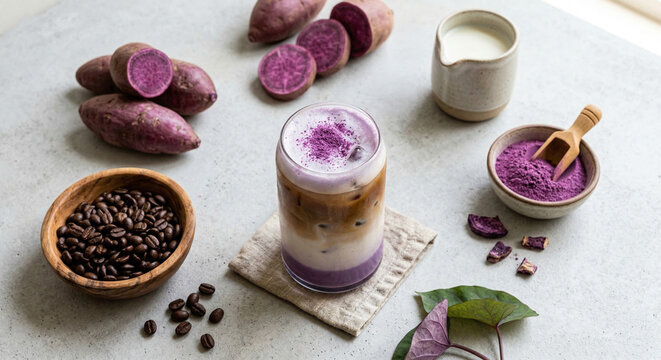 Minimalist Top View Flat Lay of Ube Latte Ingredients with Raw Purple Yam, Purple Powder, Milk, and a Layered Glass Drink on Concrete Surface
