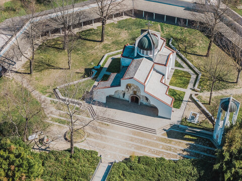 Aerial view of Rupite holy site with Church of St Petka and grave of Baba Vanga near Petrich Bulgaria