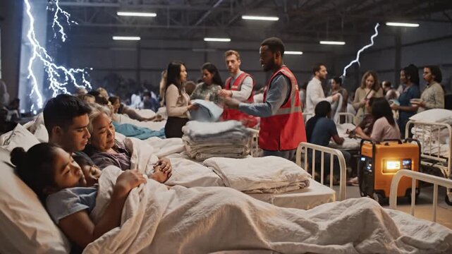 Refugees Resting in a Temporary Indoor Emergency Shelter as Humanitarian Aid Volunteers Distribute Blankets and Supplies Amidst Challenging Storm Conditions and Power Outages