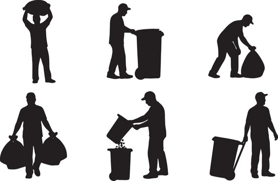 Black Solid City Trash Collector Silhouettes Set of Six on White Background